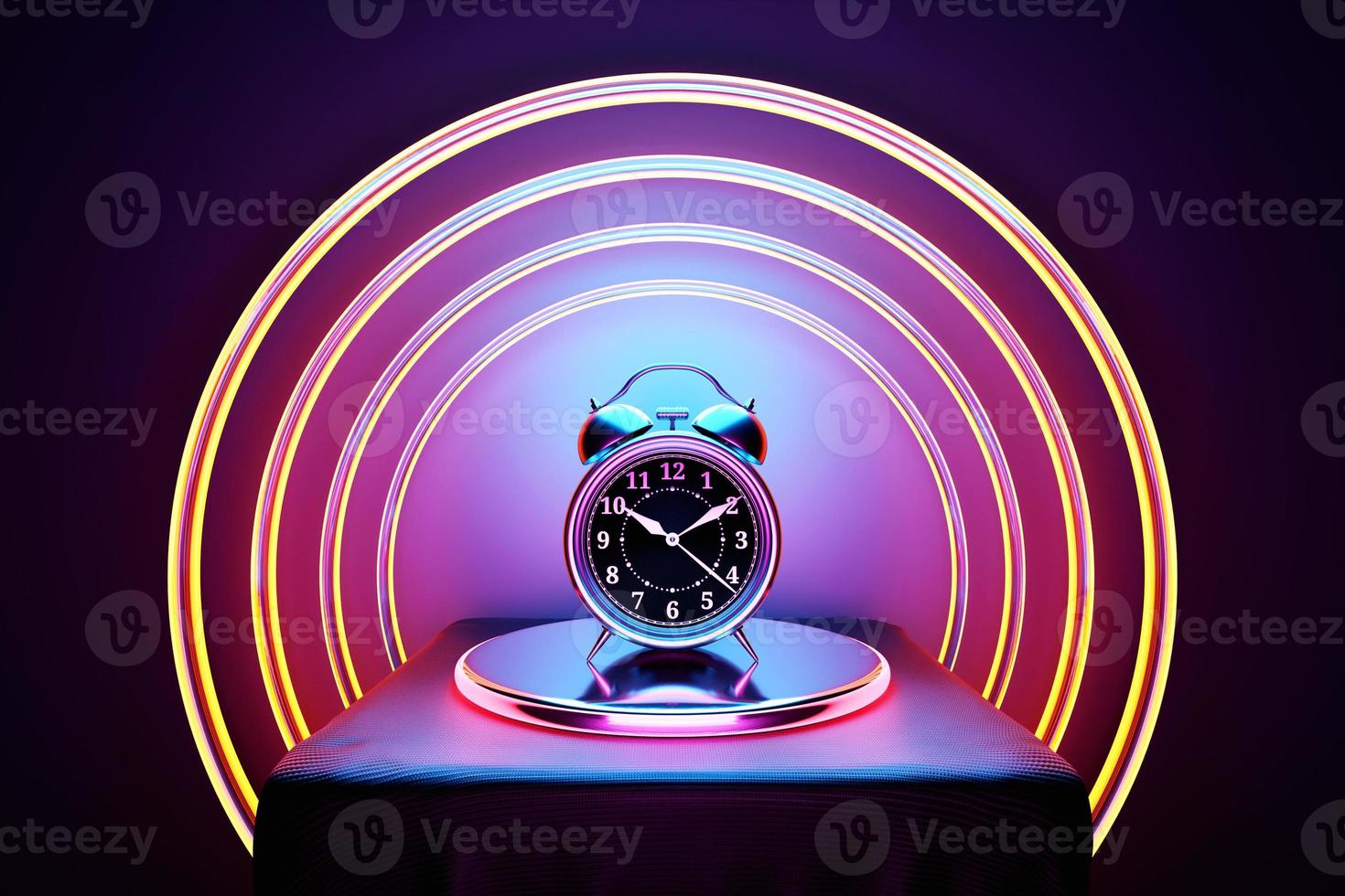 3D-illustration av en väckarklocka dubbla klockor på cirkelpodiet. konceptuell bild av en väckarklocka, renderad 3d foto