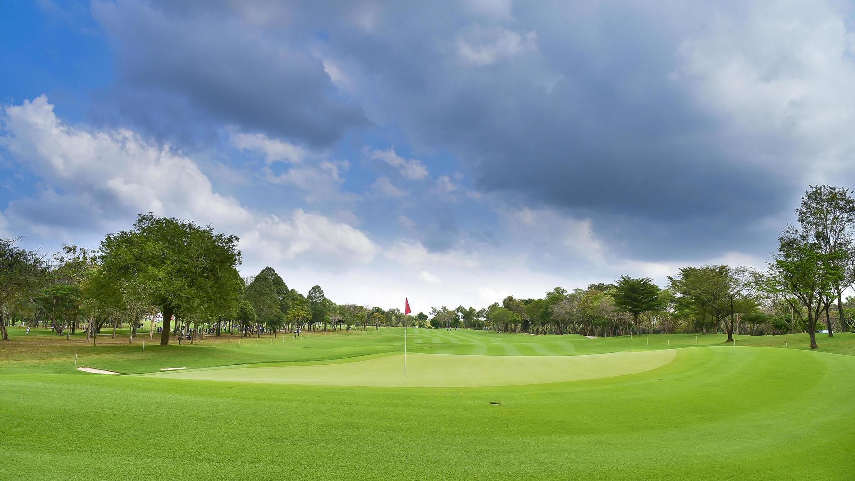 en vy landskap grönt gräs på golfbanan, stora träd med solljus himmel bakgrund foto