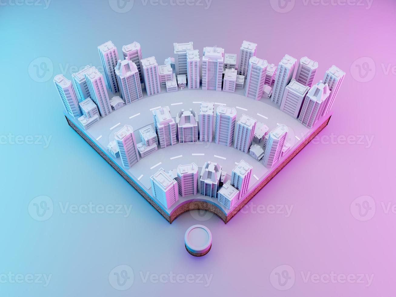 wifi-symboler med stadselement. koncept för urban wifi-nätverk. 3d-rendering foto