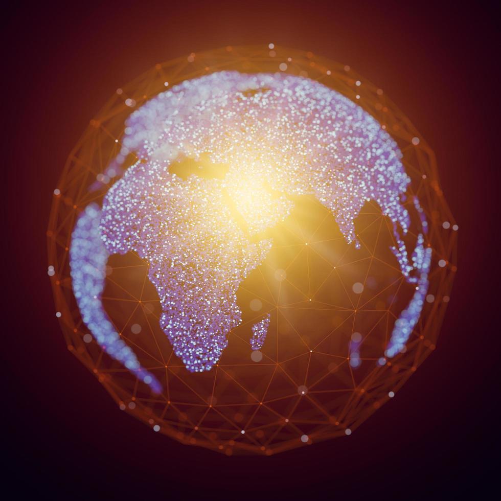 anslutningslinjer runt den prickade jordklotet med solljus. klotteknik. visualisering av big data. globalt kommunikationsnätverk av internet, mobil, blockchain. 3d illustration rendering. foto