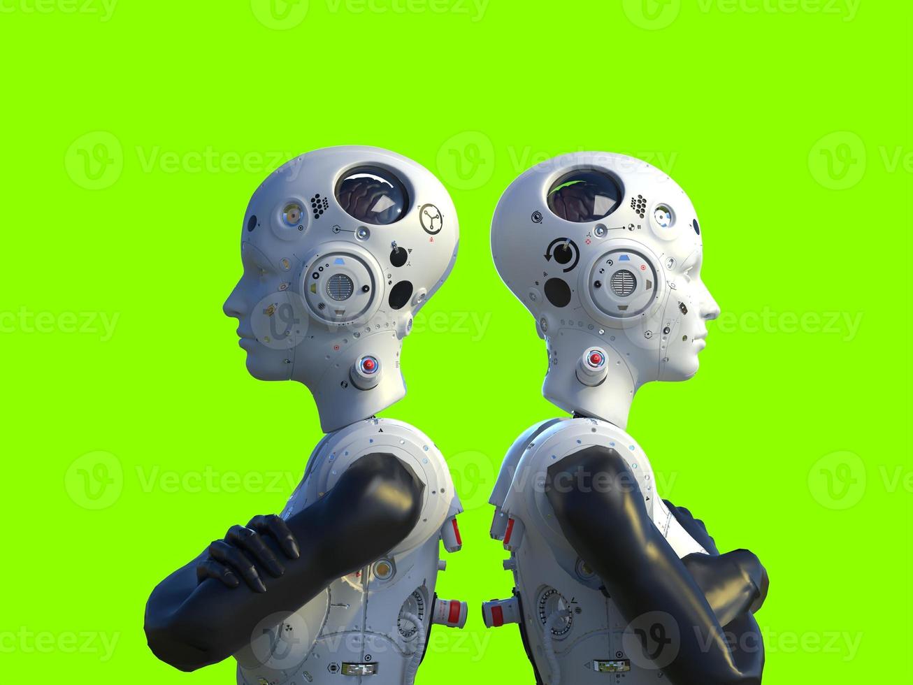 porträtt av tre robotar närbild. isolerade 3d-illustration för användning med mörk bakgrund foto