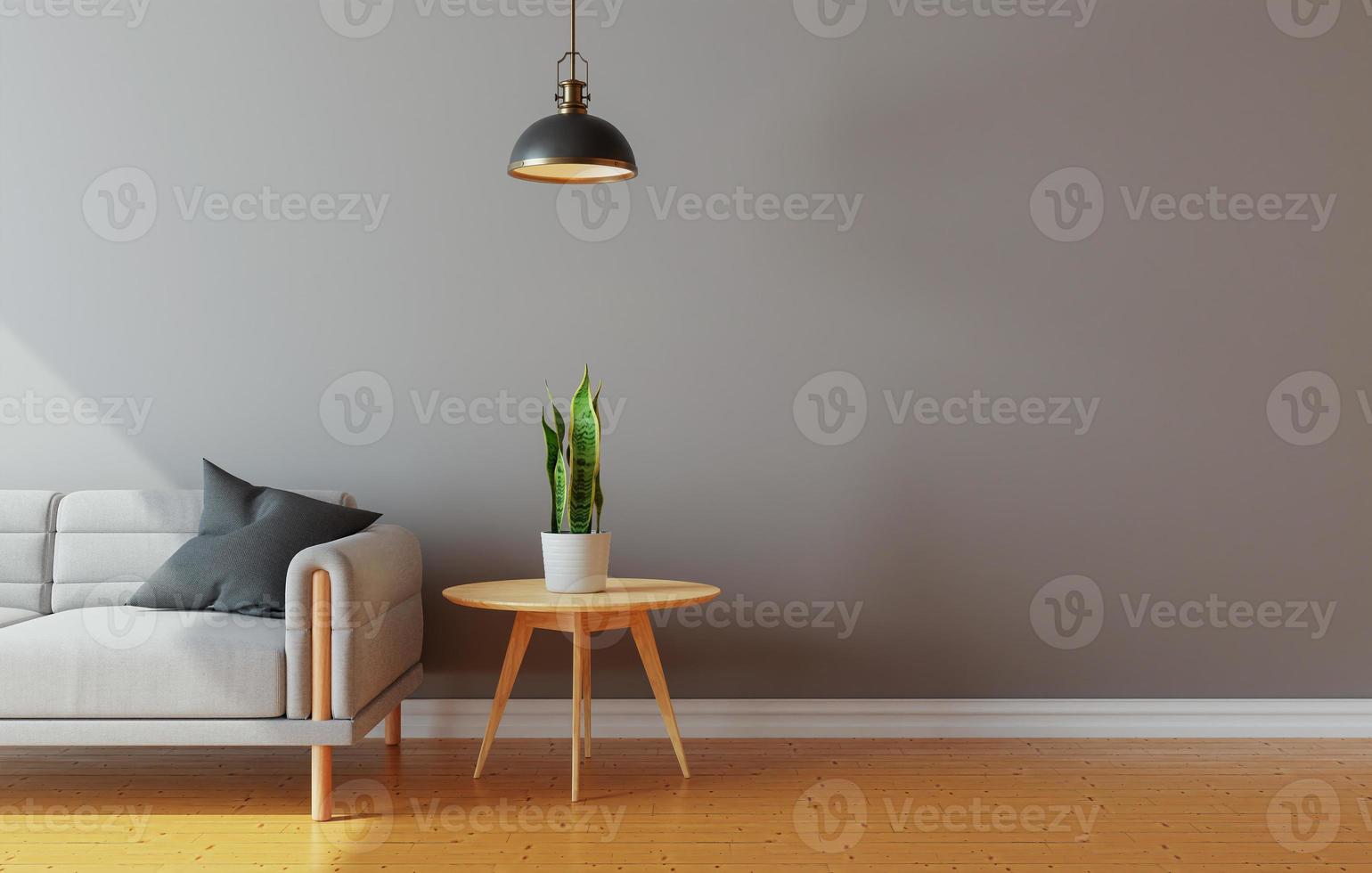 minimal inredningsaffisch mock up vardagsrumsväggen med modern soffa och dekorationer i vardagsrummet. kopieringsutrymme. 3d-rendering. foto