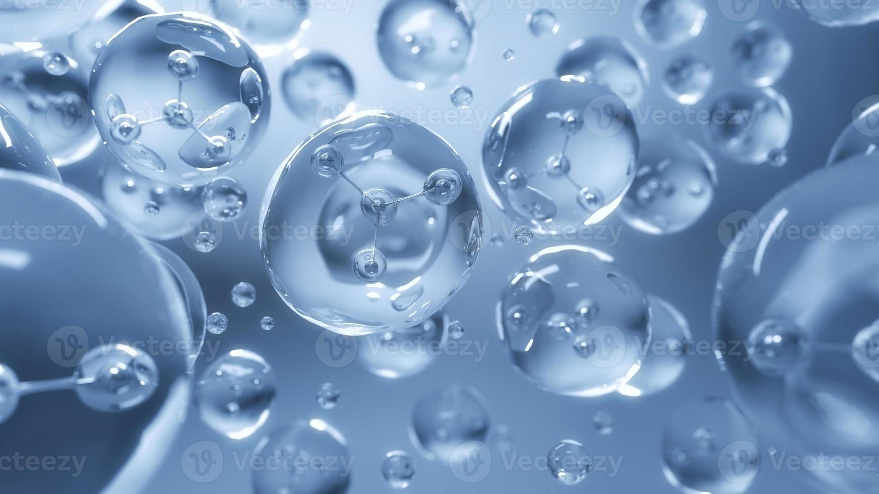 molekyl inuti flytande bubbla, abstrakt vetenskap bakgrund, 3D-rendering. foto