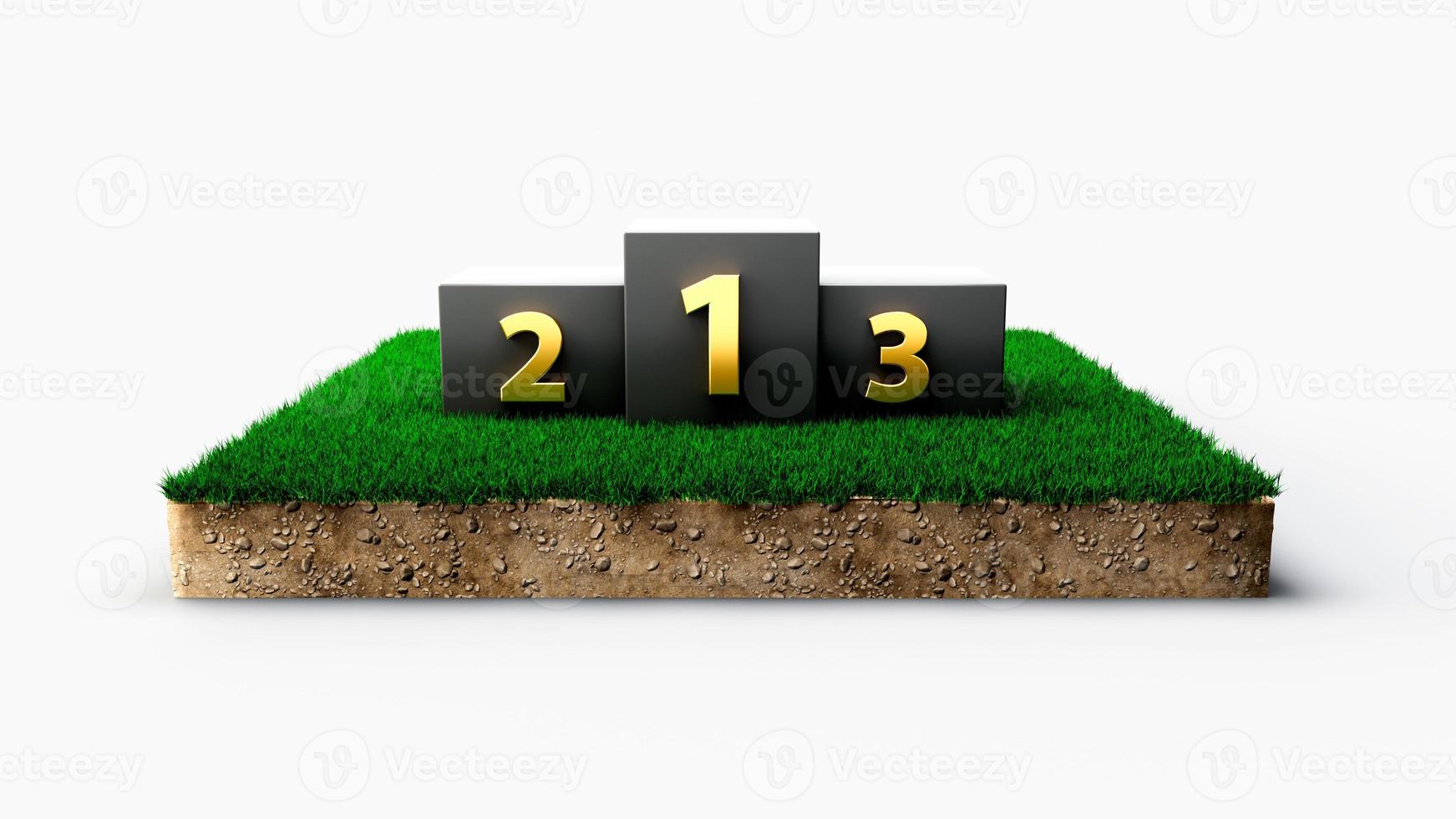 svarta vinnarpodier på fyrkantigt grönt gräs tvärsnitt utskuret med guldbokstäver 3d-illustration foto