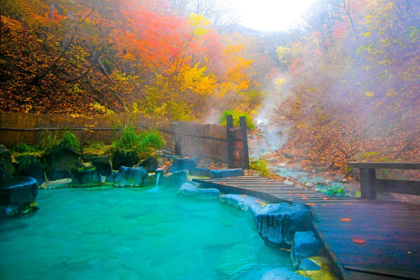 japanska varma källor onsen naturligt bad omgivet av röd-gula löv. på hösten faller löv i yamagata. japan. foto