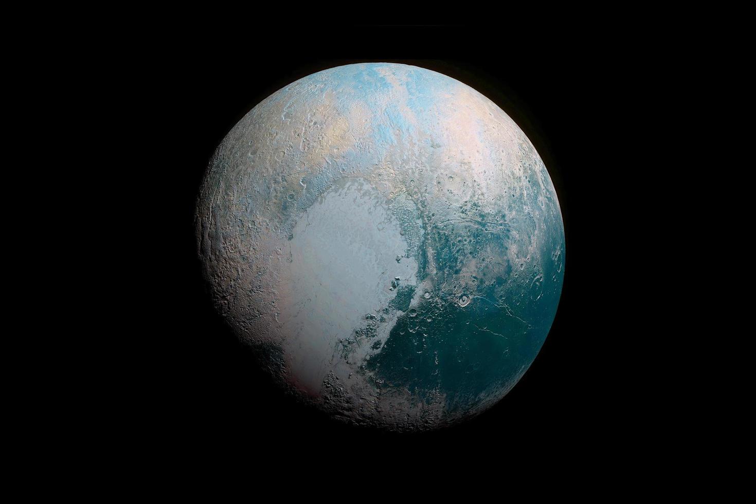 planeten pluto i blått ljus. delar av denna bild levererades av nasa. foto