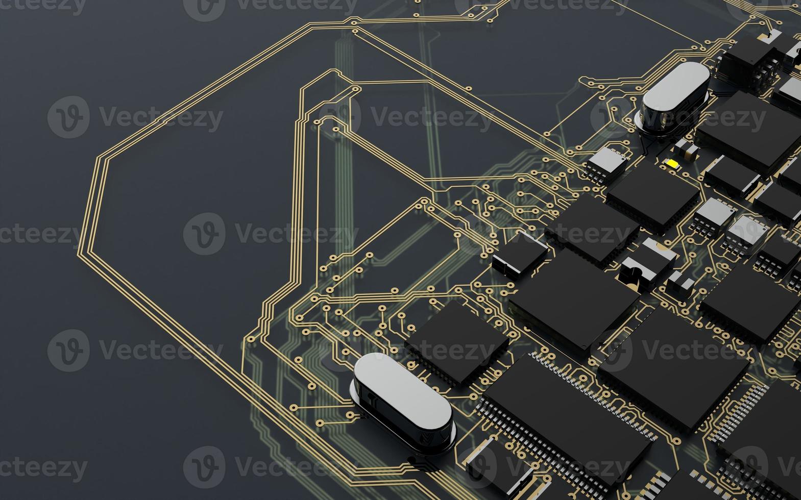 processorchip på ett kretskort i rött bakgrundsbelysning. 3D-illustration på ämnet teknik och kraften i artificiell intelligens. foto