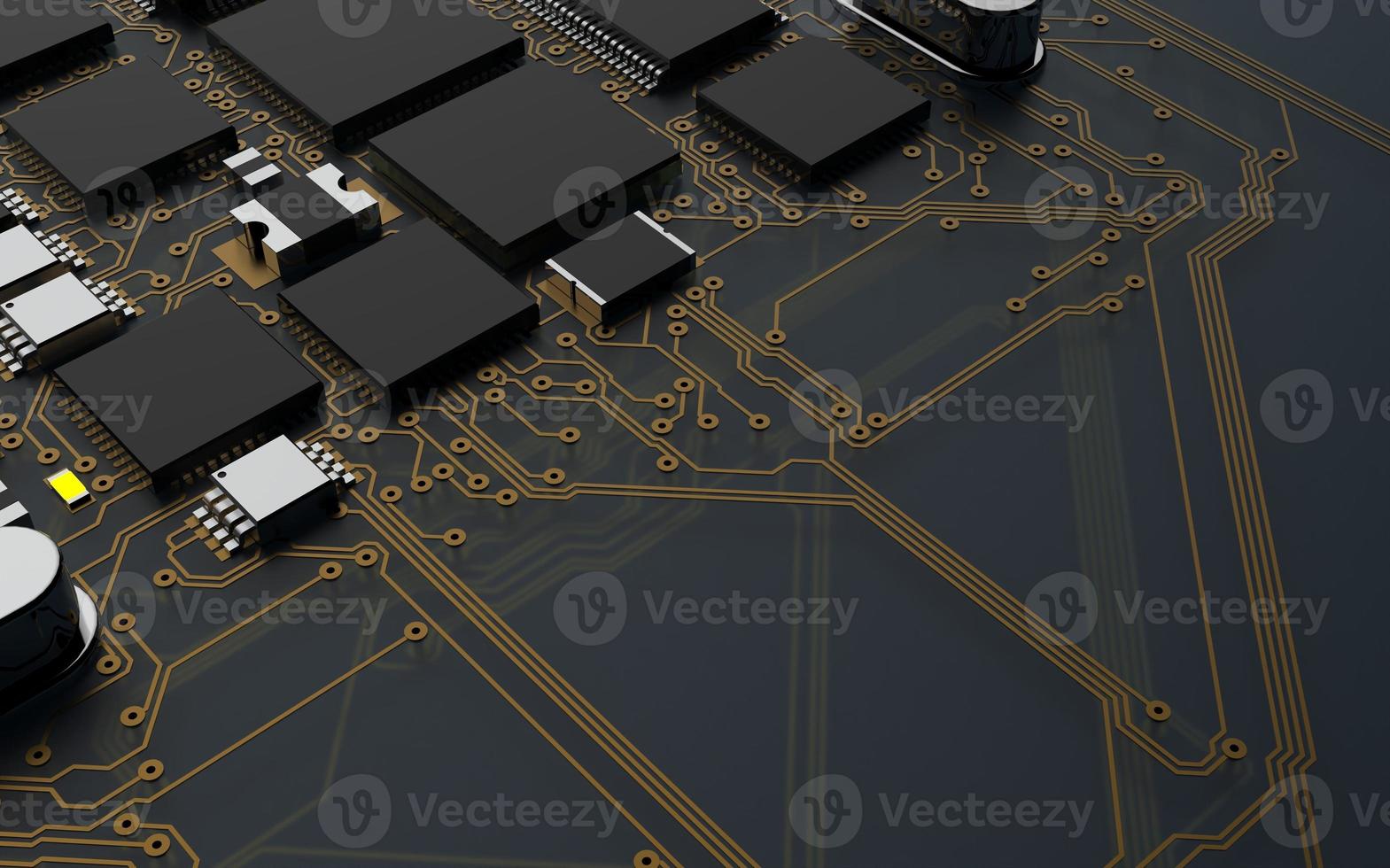 processorchip på ett kretskort i rött bakgrundsbelysning. 3D-illustration på ämnet teknik och kraften i artificiell intelligens. foto