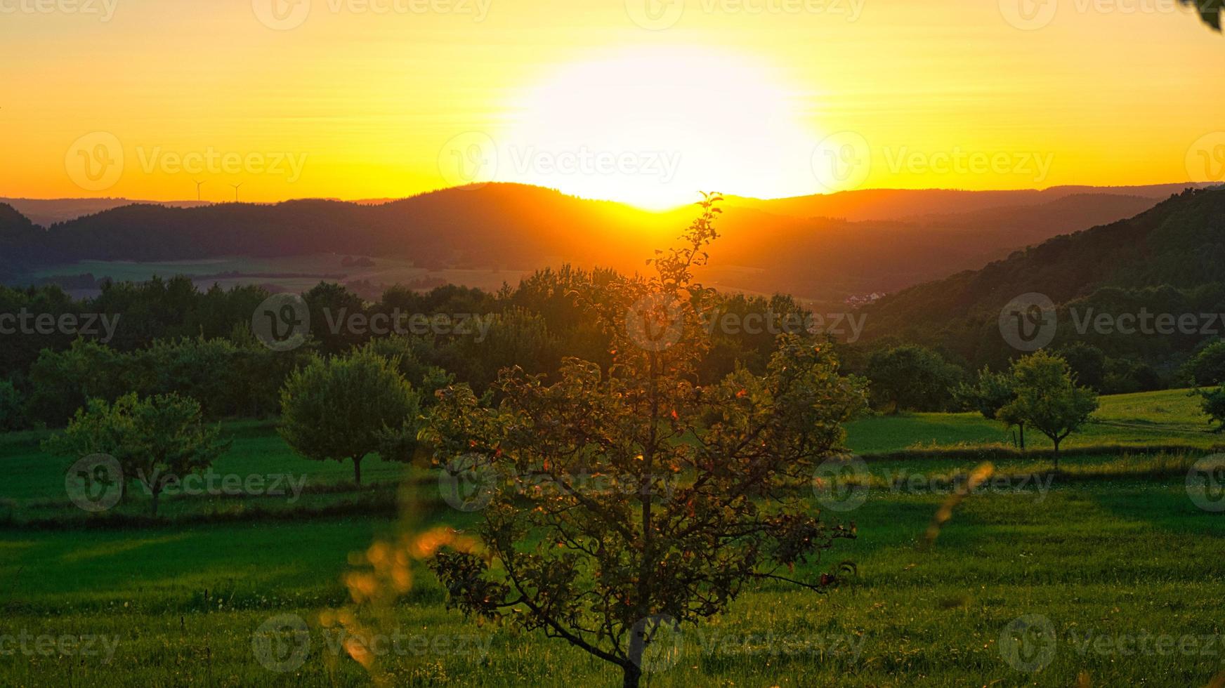 solnedgång i saarland på en äng med träd och utsikt in i dalen foto