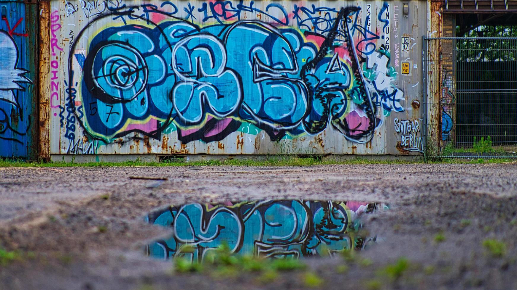 graffiti på en vägg reflekteras i en pöl. foto