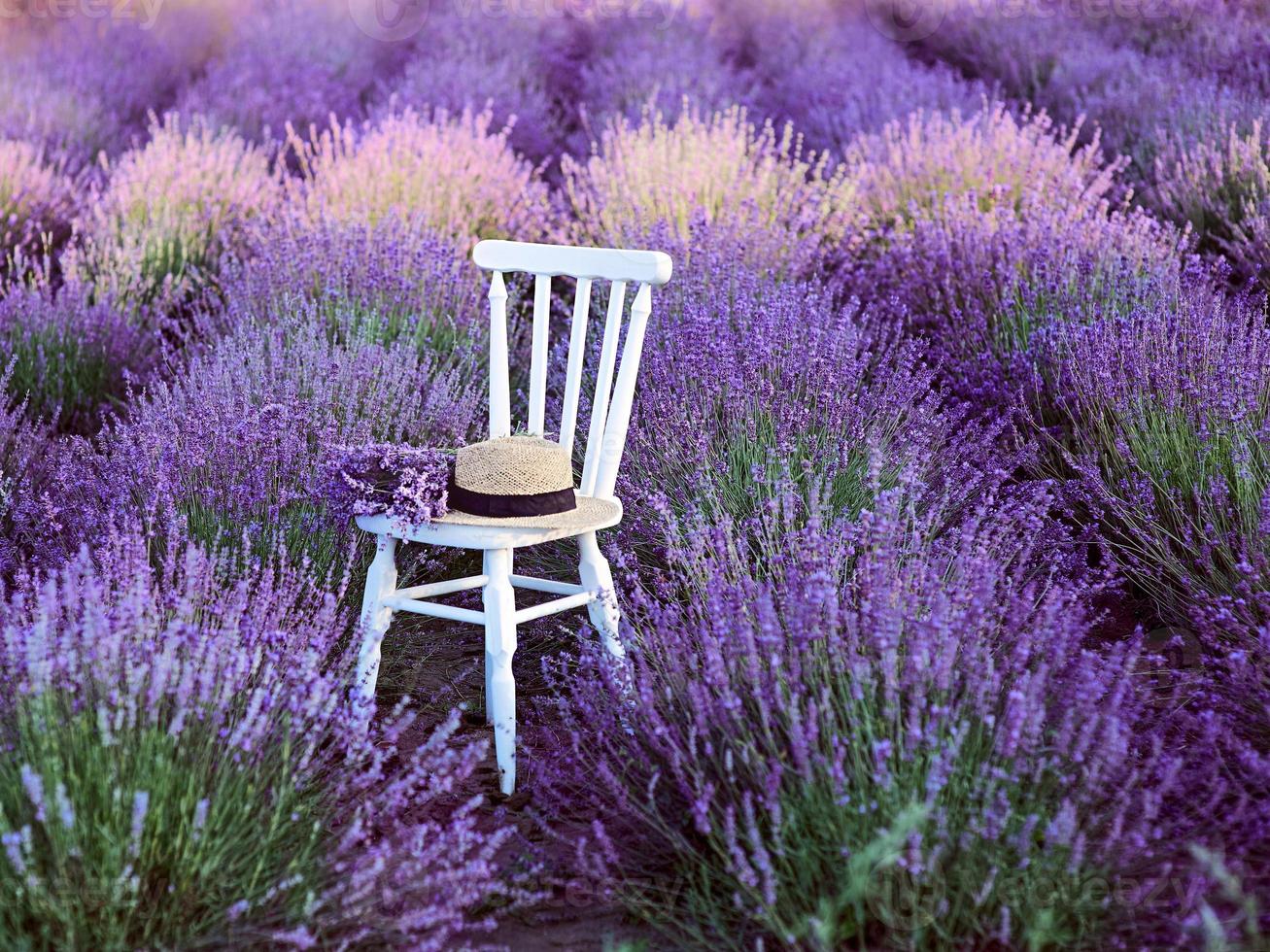 vit stol med bukett lavendel och stråhatt på vackra lavendelblommor blommar. resa, natur, sommar, jordbruk koncept foto