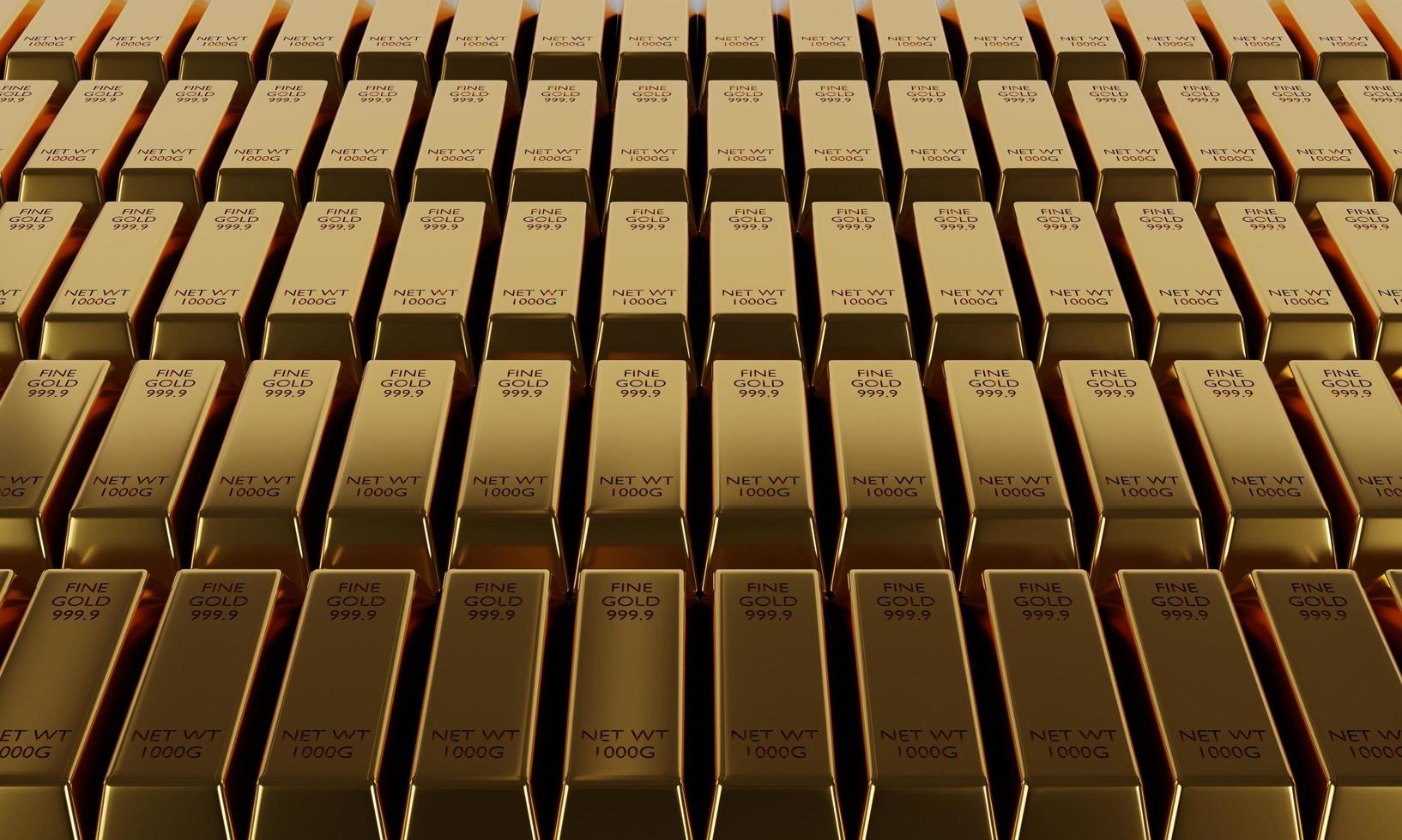 rena guldtackor i bankvalvsförråd. 1 kg 999,9 fina guldtackor bakgrund., 3D-rendering, konceptuell bild. fint guld. foto