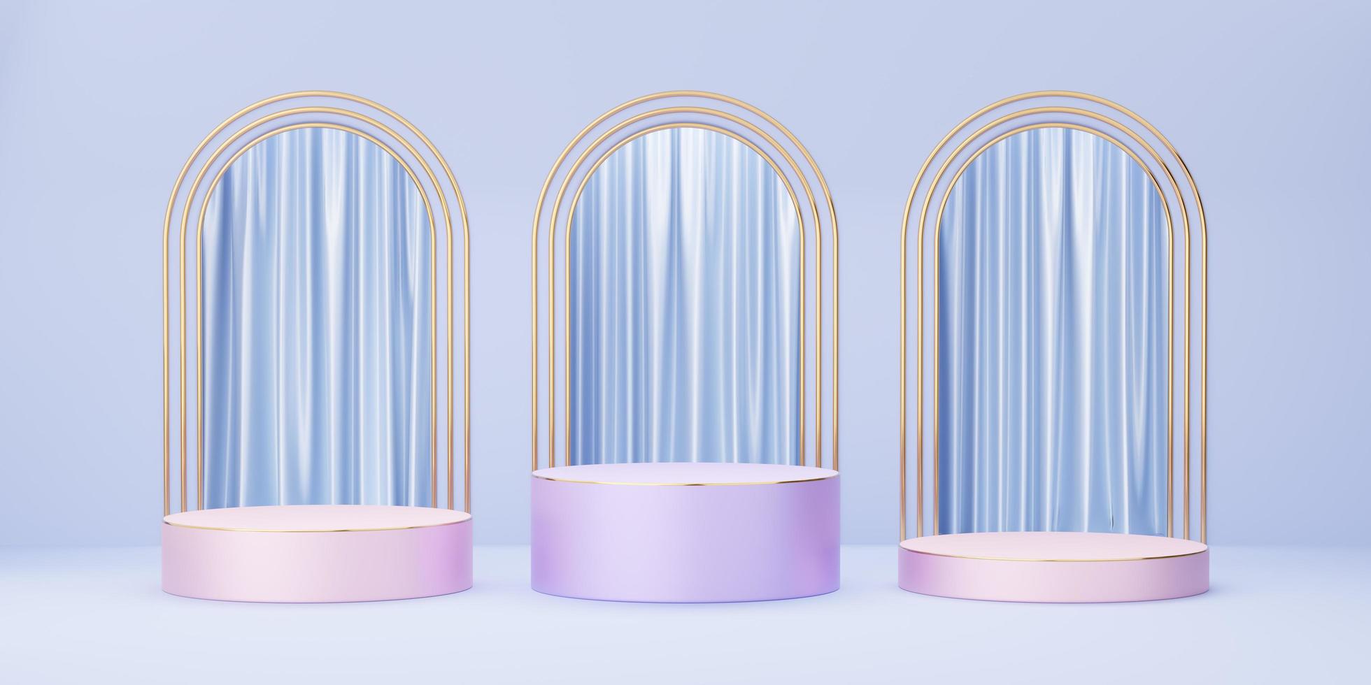 lila, rosa cylinderpodium med guldkant på blå båge och gardinbakgrund. abstrakt minimal studio 3d geometrisk form objekt. mockup utrymme för visning av produktdesign. 3d-rendering. foto