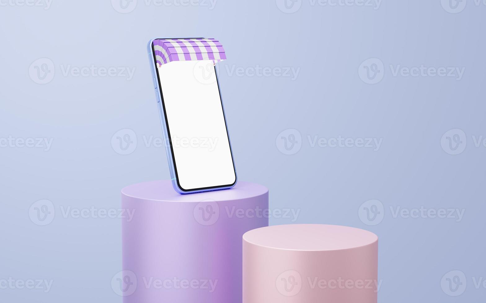 lila mobiltelefon med markis på cylinder podium flytande på vit bakgrund. minimal studio 3d. monoton piedestal mockup utrymme för visning av app. smartphone med tom vit skärm. 3d-rendering foto