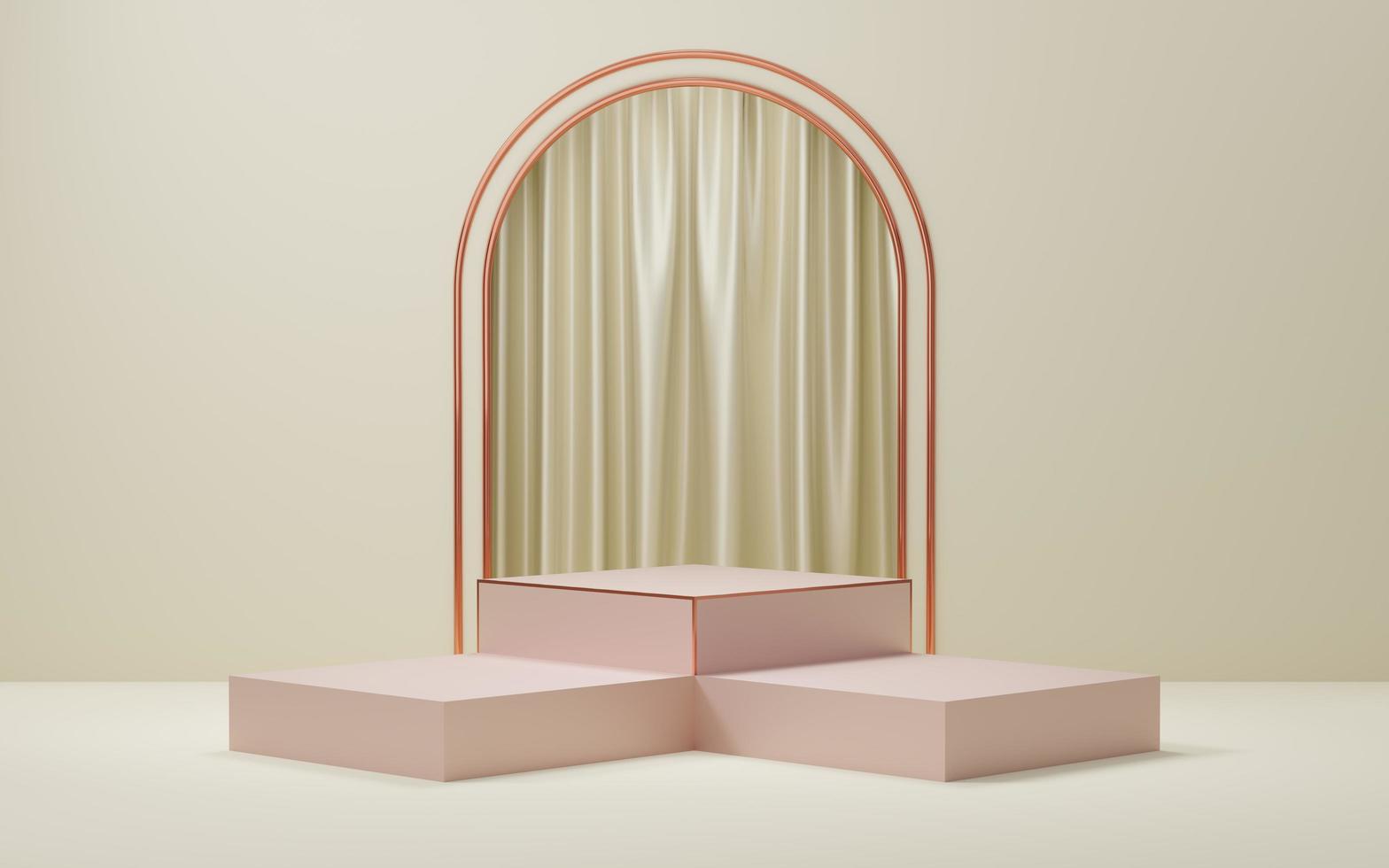 3 tomma gamla rosenkubpodium med kopparbård på båge och beige gardinbakgrund. abstrakt minimal studio 3d geometrisk form objekt. pastell piedestal mockup utrymme för produktdesign. 3d-rendering. foto