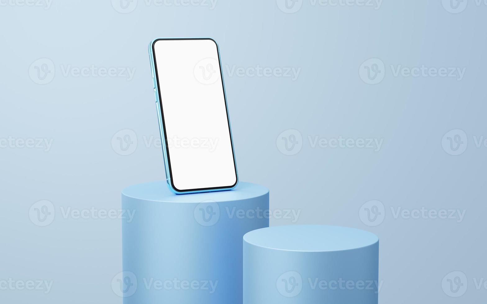 blå mobiltelefon på cylinder podium flytande på vit kopia utrymme bakgrund. minimal studio 3d. monoton piedestal mockup utrymme för visning av app. smartphone med tom vit skärm. 3d-rendering. foto