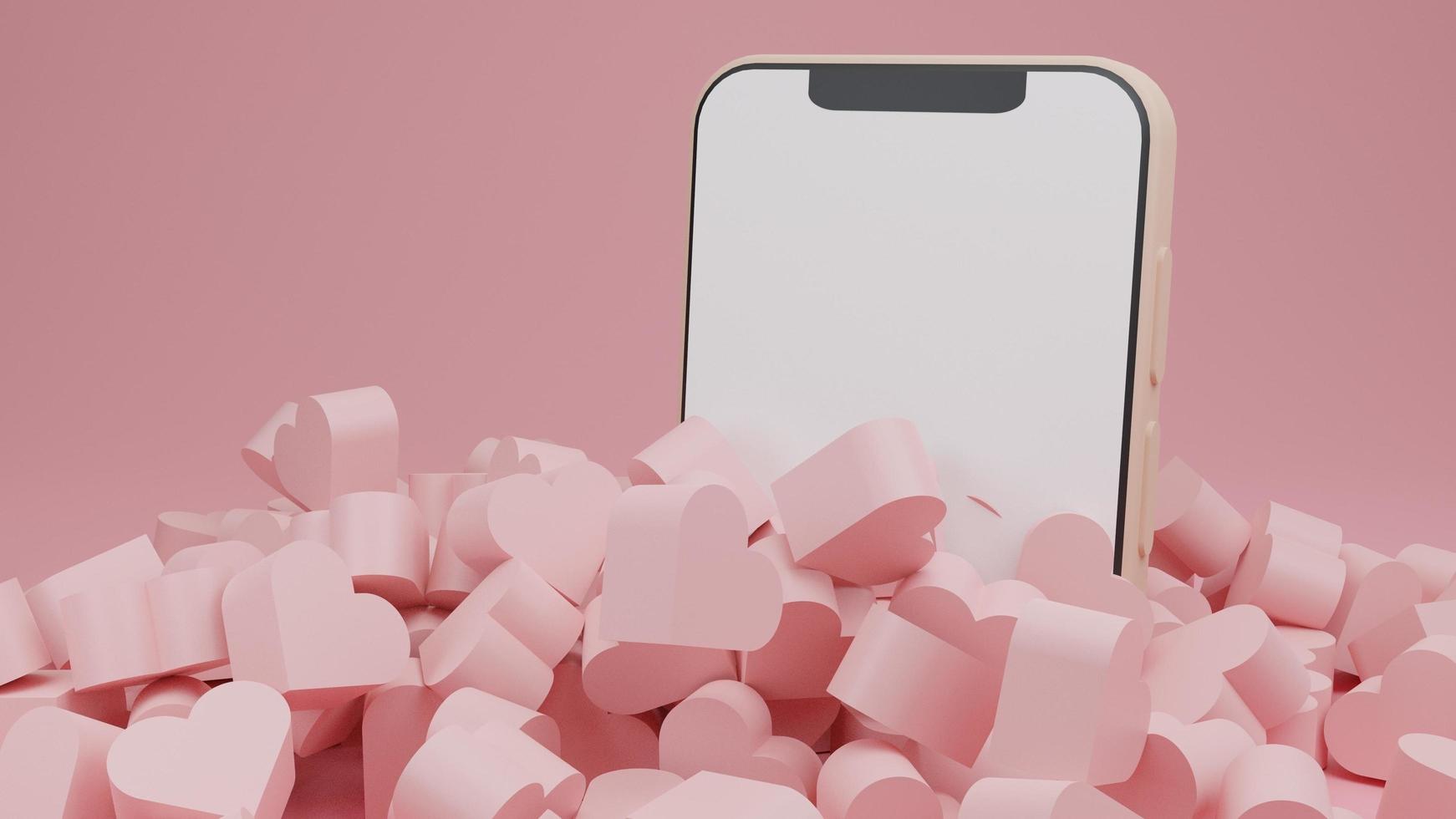 smarthphone med blank skärm vit bakgrund med hög med hjärtan, kärlekssymbol, alla hjärtans dag, webbaffisch, gratulationskortkoncept. 3D-renderingsillustration foto