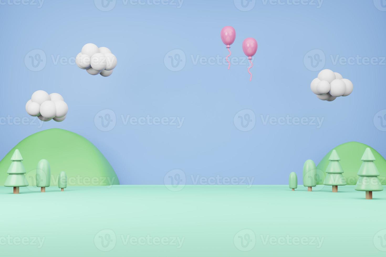 tecknad söt bakgrund 3d illustration rendering, berg moln ballong gräsfält i pastellfärg foto