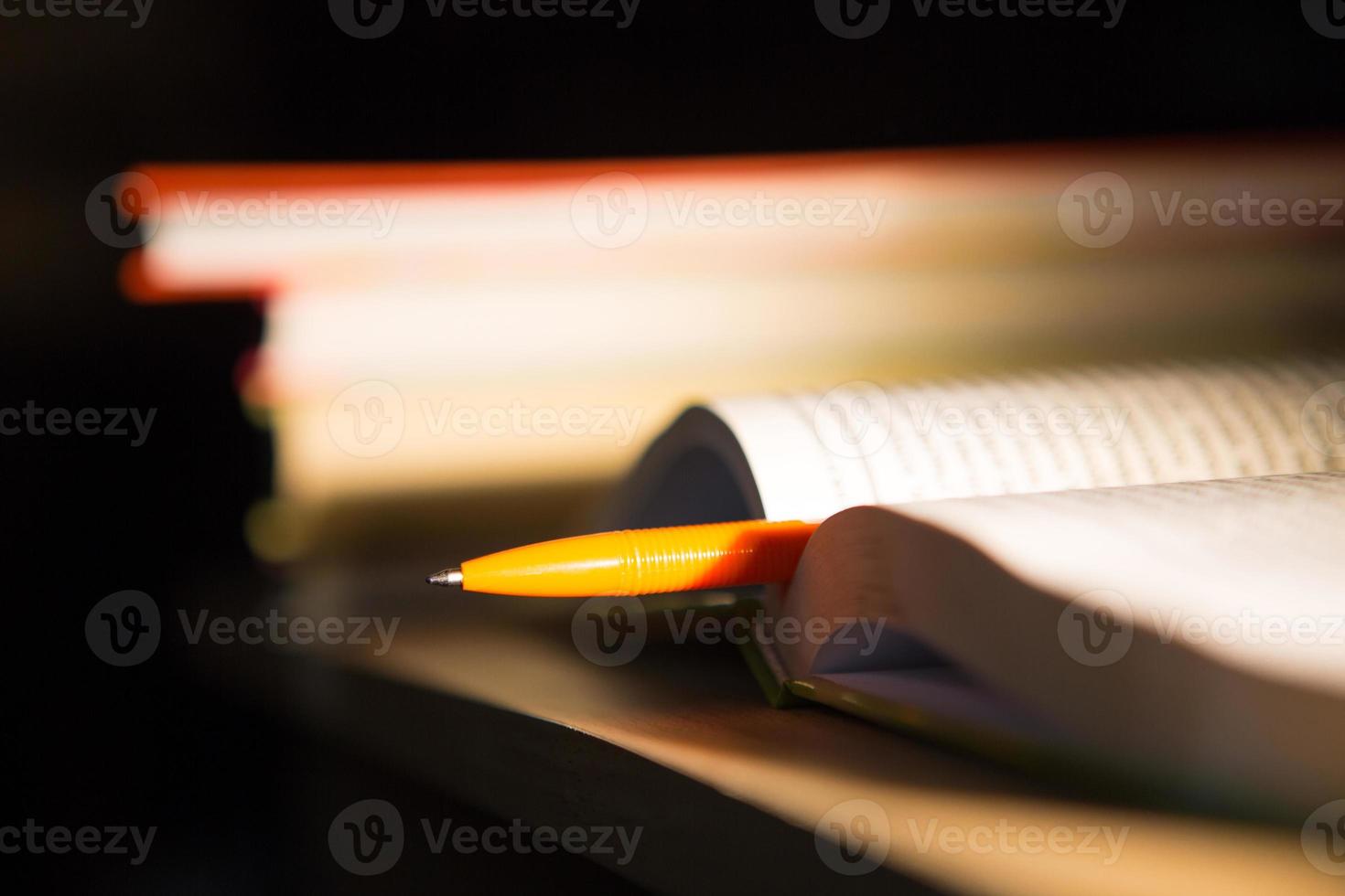 närbild av en bunt böcker och en penna med papper för anteckningar. begreppet hemläsning av pappersböcker, utbildning och skolinstitut, tillbaka till skolan, biblioteket, gör en synopsis. foto