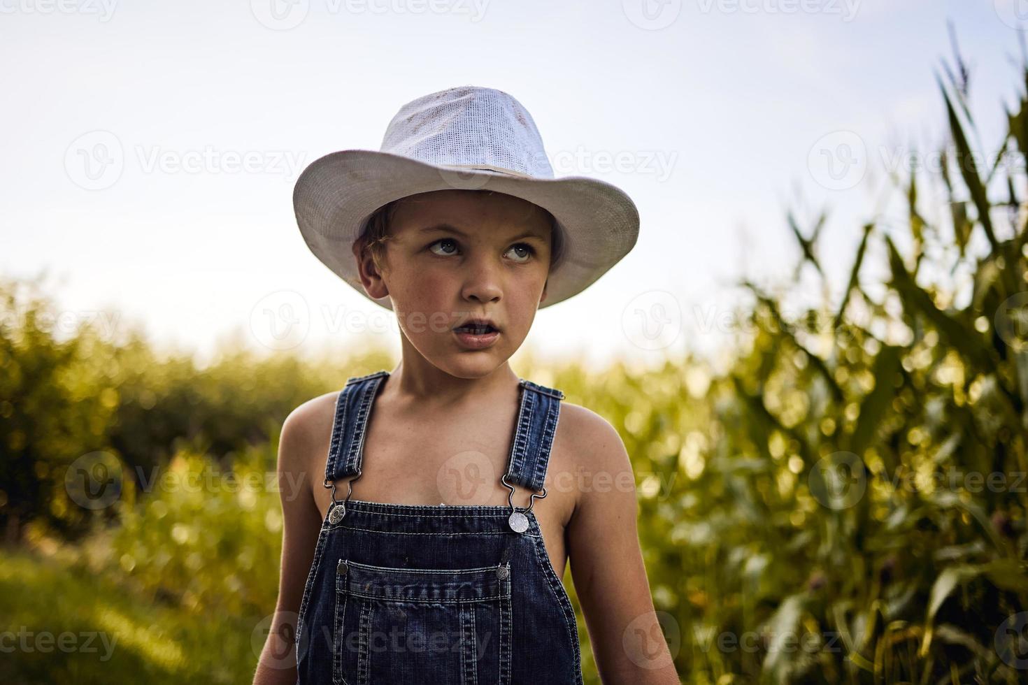 liten pojke leker i majsfält foto