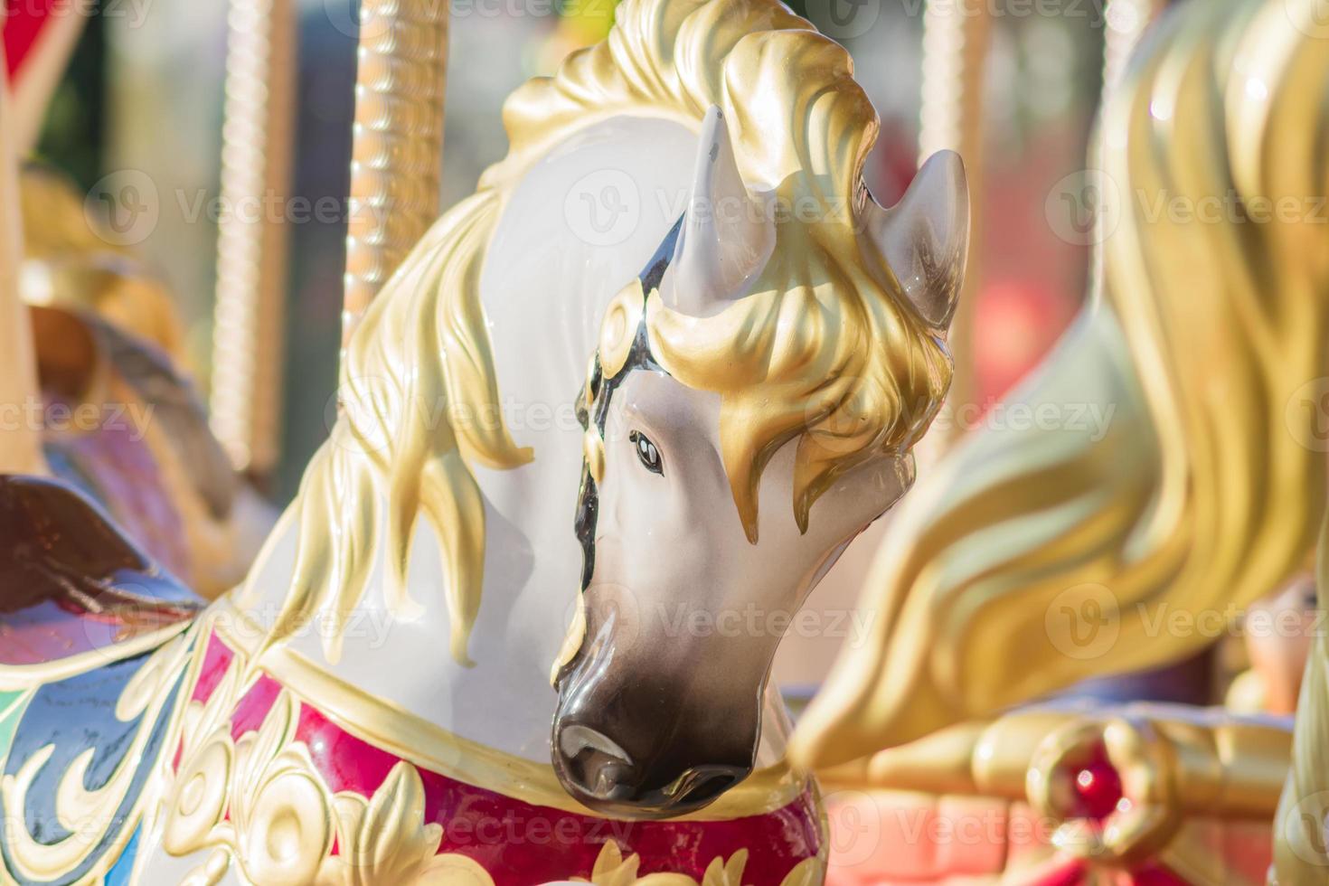 närbild av en karusell hästhuvud i solljus foto