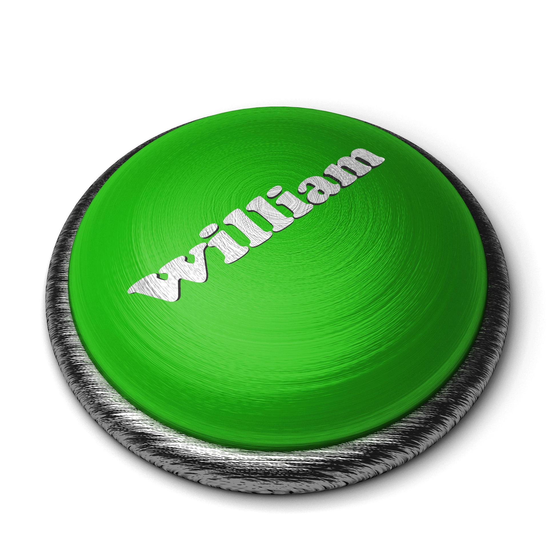 William ord på grön knapp isolerad på vitt foto