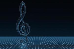realistisk blå metall treble clef på en svart bakgrund. 3d gyllene musikalisk symbol foto