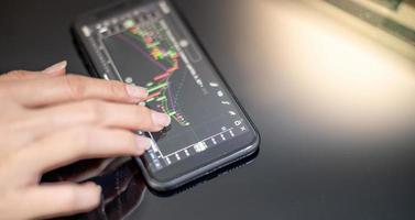 kvinnlig handlare investerare mäklare analytiker som håller en smartphone i handen analyserar aktiemarknadshandelsdiagram indexerar data som kontrollerar priset med hjälp av mobil börsapplikation. foto
