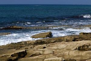 Medelhavets steniga kust i norra Israel. foto