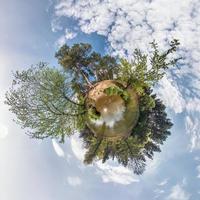 liten planet sfärisk panorama 360 grader. sfärisk flygfoto i skogen i trevlig dag. utrymmets krökning foto