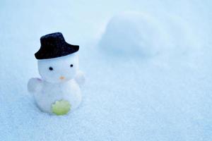 vit snögubbe i en svart hatt i snön. foto