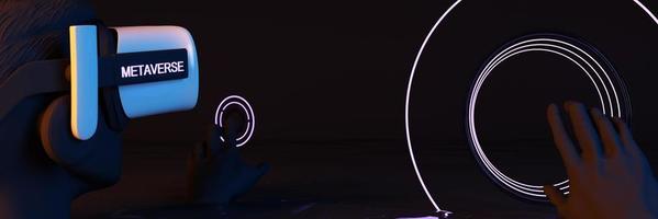 surrealistisk scen av en abstrakt mansfigur med vr-glasögon i flytande med neonbelysning. hand som styr den glödande ringen. metaverse koncept, nft, kreativ konst och teknik. realistisk 3d-rendering foto