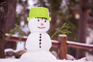 leende snögubbe med grön hatt foto