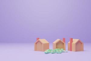 bygga flera hus, husbyggnadsbudget, 3d husmodell på lila bakgrund, 3d illustration, moderna färger foto