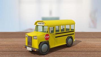 skolbussen på träbord i klassrummet för tillbaka till skolan eller utbildningskonceptet 3d-rendering foto