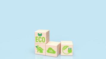 trä tegel på blå bakgrund för eko eller ekologiskt koncept 3d-rendering foto
