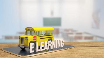 skolbuss på surfplatta för e-learning koncept 3d-rendering foto