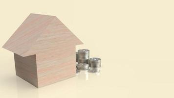 trä hem och pengar mynt för egendom eller affärsidé 3d-rendering foto