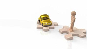 mannen trä figur och bil leksak på sticksåg för bil eller transport innehåll 3D-rendering foto