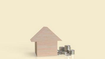 trä hem och pengar mynt för egendom eller affärsidé 3d-rendering foto