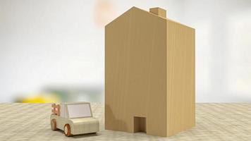 hem och bil trä leksak för egendom eller egendom koncept 3d-rendering foto