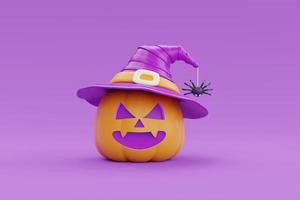 glad halloween med jack-o-lantern pumpa karaktär bär häxhatt på lila bakgrund, traditionell oktober semester, 3D-rendering. foto