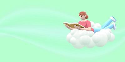 litteratur fan en ung flicka i himlen på ett moln läser en bok. roliga, abstrakta tecknade människor på en grön bakgrund. 3d-rendering. foto