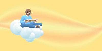 litteraturfan en ung kille med skägg i glasögon på himlen på ett moln läser en bok. roliga, abstrakta tecknade människor på en gul bakgrund. 3d-rendering. foto