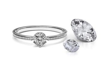 diamant lyx ring närbild. diamant stenar värderingsman. kvalitetskontroll av smycken.tillverkning av ädelstenar. inspektion av konstgjord diamant.bröllopssymbol. en gåva till din älskade kvinna för en semester foto