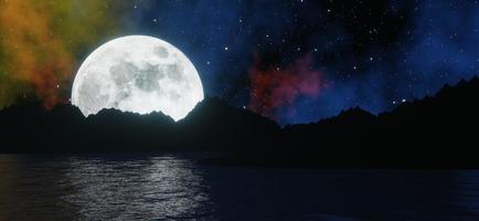 den stora månen lyser bakom havet och bergen med stjärnor och färgglada moln i bakgrunden. 3d-rendering. foto