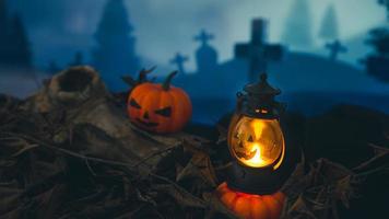 spöklik kyrkogård med glöd halloween pumpa foto