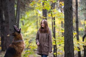 ung söt kvinna som leker med schäferhund utomhus i höstskogen, närbild foto