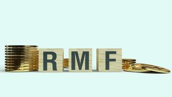 rmf-text på träkub och mynt 3D-rendering för affärsinnehåll. foto