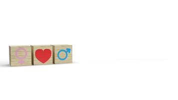 könet på träkub med symbol för att älska 3d-rendering för alla hjärtans dag. foto